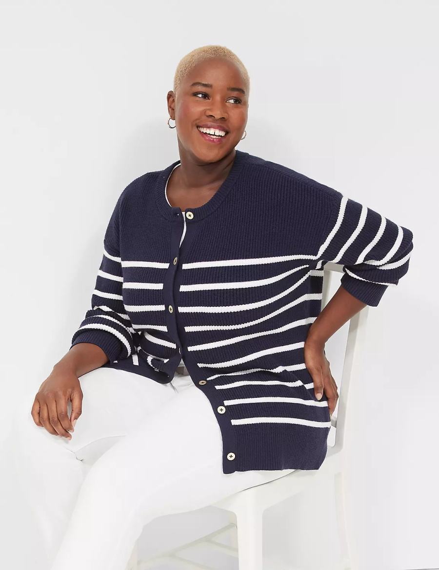 Lane Bryant Button-Front Stripe Cardigan Dames Blauw | XTP4990BP