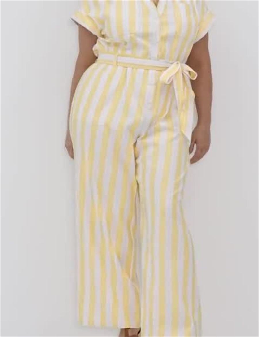 Lane Bryant Cap-Sleeve Y-Neck Utility Jumpsuit Dames Geel Strepen | DTK5346CY