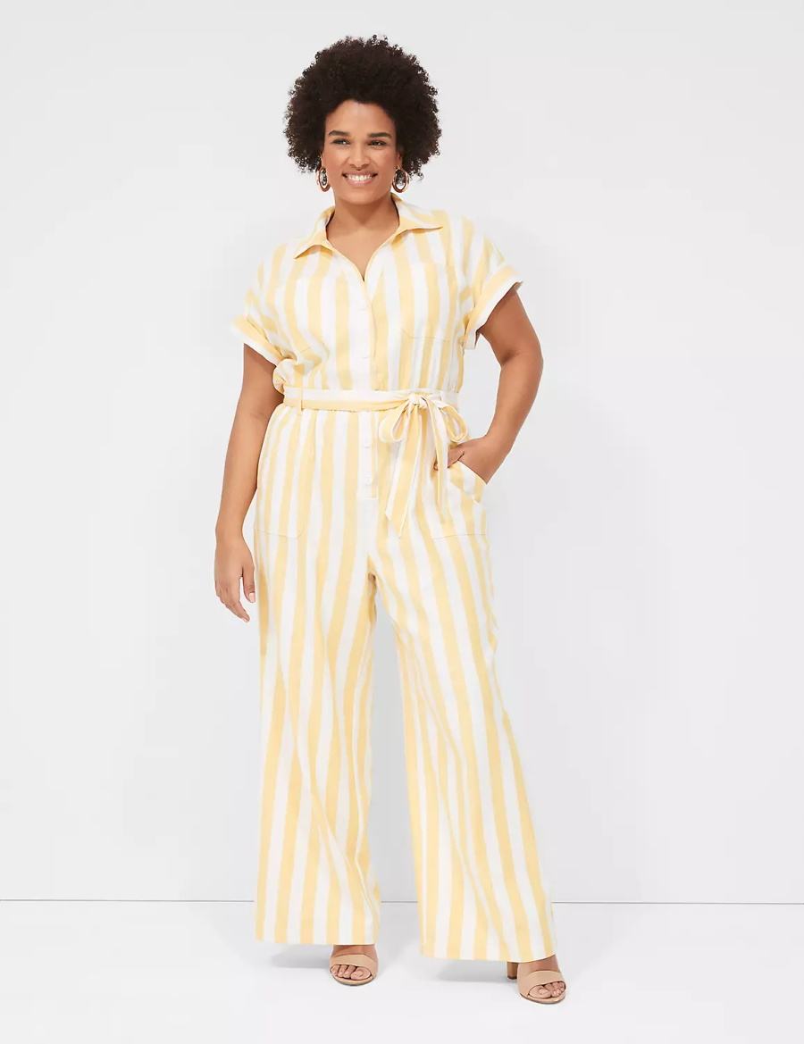 Lane Bryant Cap-Sleeve Y-Neck Utility Jumpsuit Dames Geel Strepen | DTK5346CY
