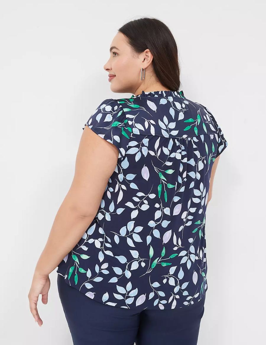 Lane Bryant Cap Flutter-Sleeve Satin & Knit Top T-shirts Dames Donkerblauw | HDG4375JT