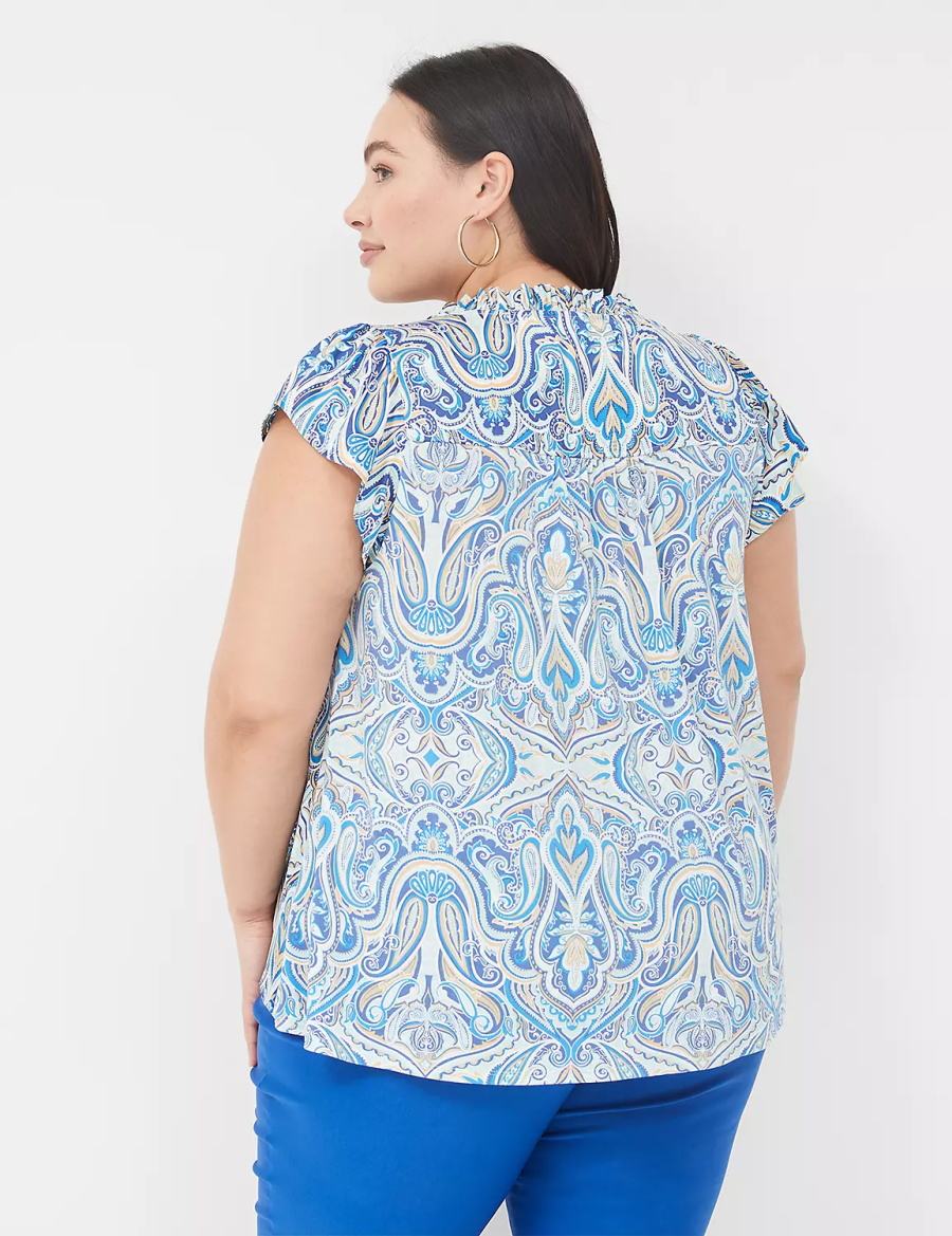 Lane Bryant Cap Flutter-Sleeve Satin & Knit Top T-shirts Dames Blauw | NEE1532HS