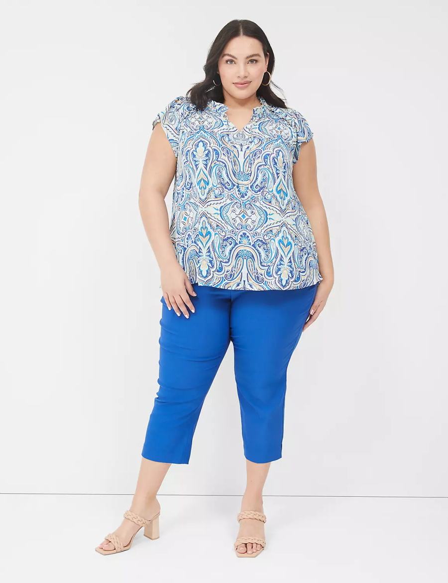 Lane Bryant Cap Flutter-Sleeve Satin & Knit Top T-shirts Dames Blauw | NEE1532HS