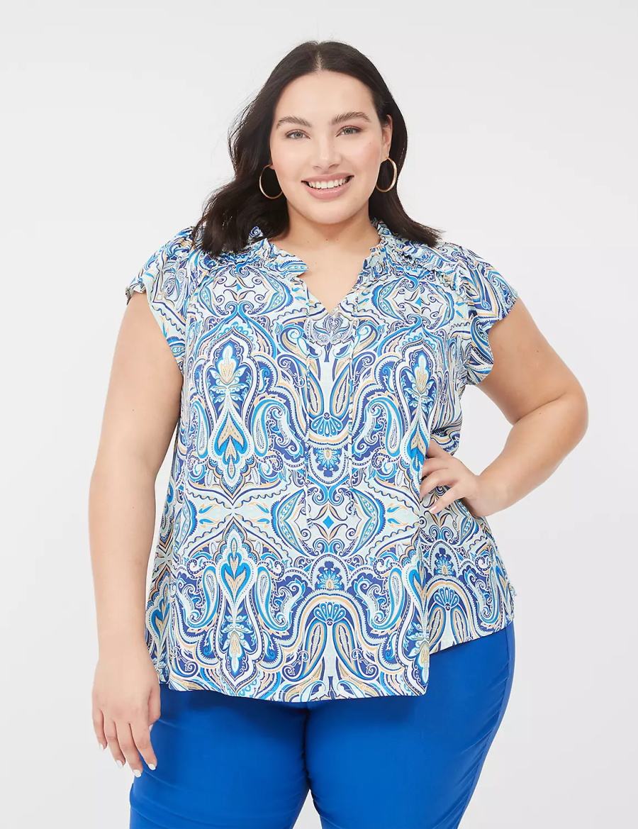 Lane Bryant Cap Flutter-Sleeve Satin & Knit Top T-shirts Dames Blauw | NEE1532HS