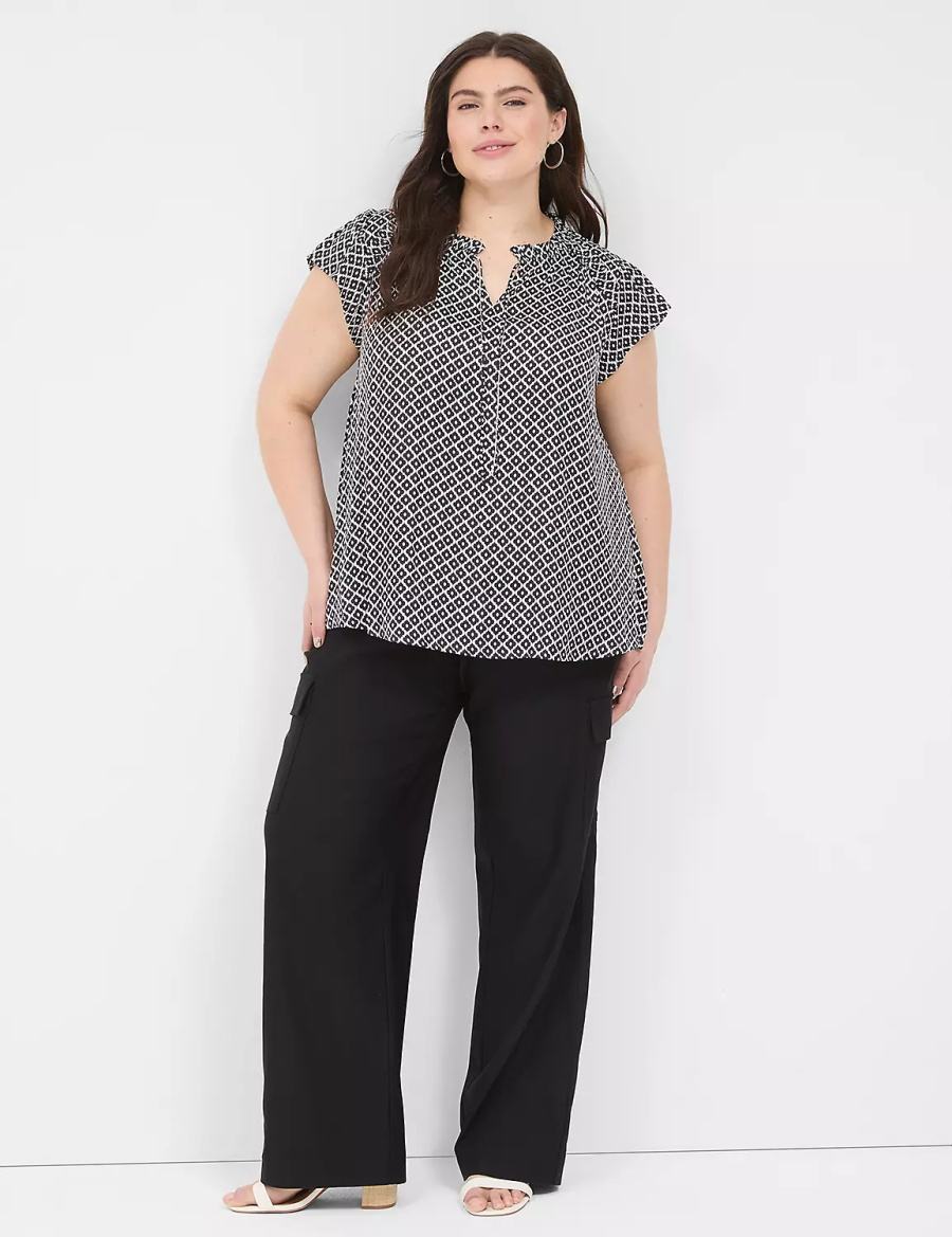 Lane Bryant Cap Flutter-Sleeve Satin & Knit Top T-shirts Dames Zwart | IAD1125SA