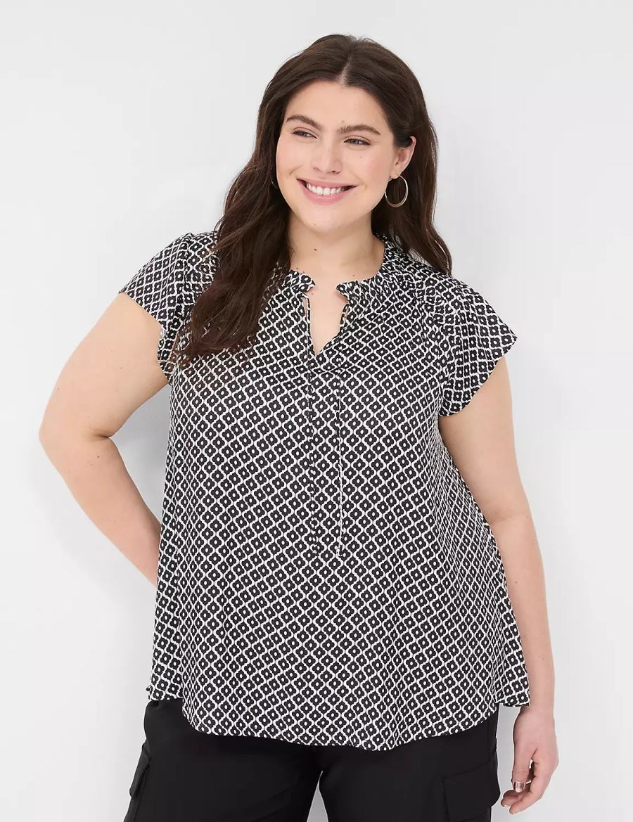 Lane Bryant Cap Flutter-Sleeve Satin & Knit Top T-shirts Dames Zwart | IAD1125SA