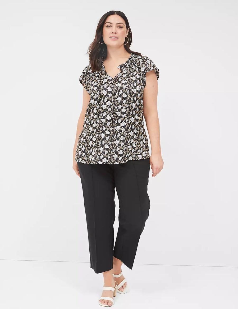 Lane Bryant Cap Flutter-Sleeve Satin & Knit Top T-shirts Dames Zwart | LIF6594CF