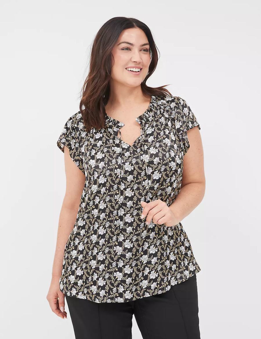 Lane Bryant Cap Flutter-Sleeve Satin & Knit Top T-shirts Dames Zwart | LIF6594CF