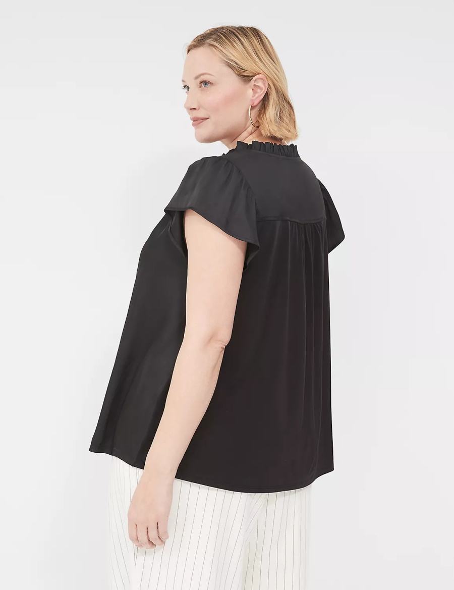 Lane Bryant Cap Flutter-Sleeve Satin & Knit Top T-shirts Dames Zwart | ZVZ4745SP