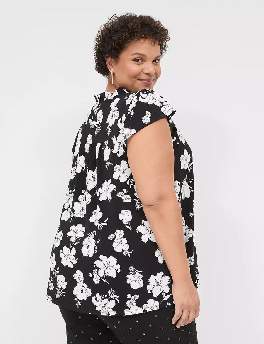 Lane Bryant Cap Flutter-Sleeve Top T-shirts Dames Zwart Wit | TQO5043CR