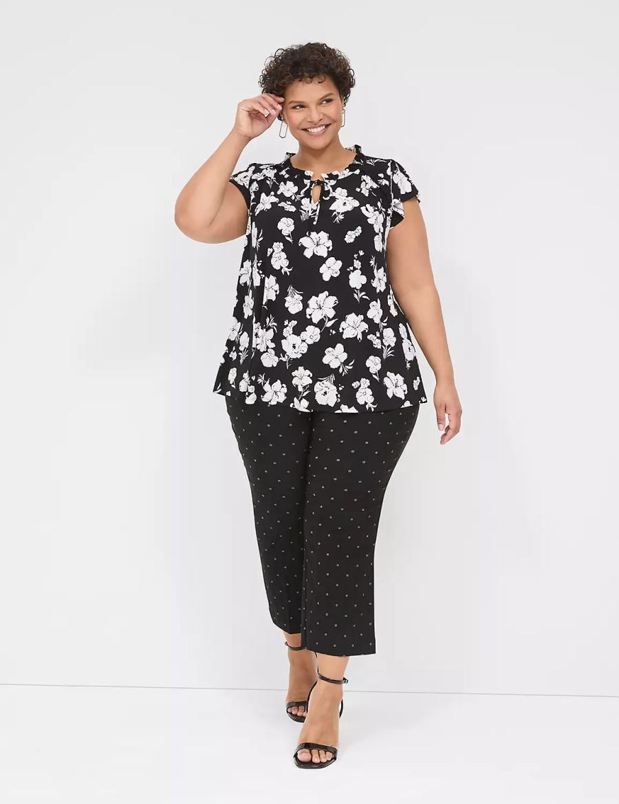 Lane Bryant Cap Flutter-Sleeve Top T-shirts Dames Zwart Wit | TQO5043CR