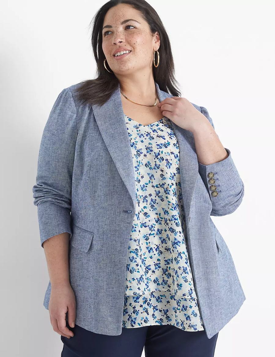 Lane Bryant Chambray Linen Long-Sleeve Blazer Dames Blauw Grijs | BYT1545IG