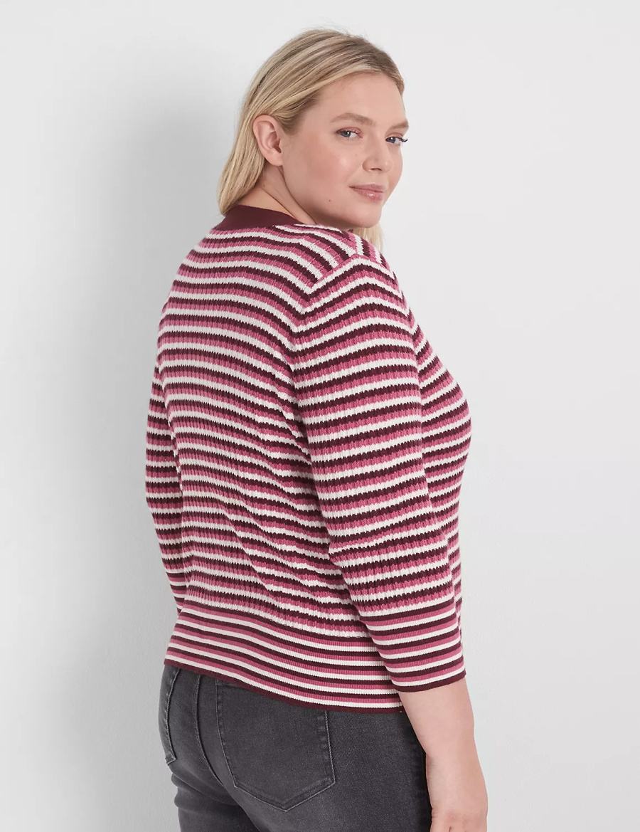 Lane Bryant Classic 3/4-Sleeve V-Neck Button-Front - Stripe Cardigan Dames Rood | SAX4476XR