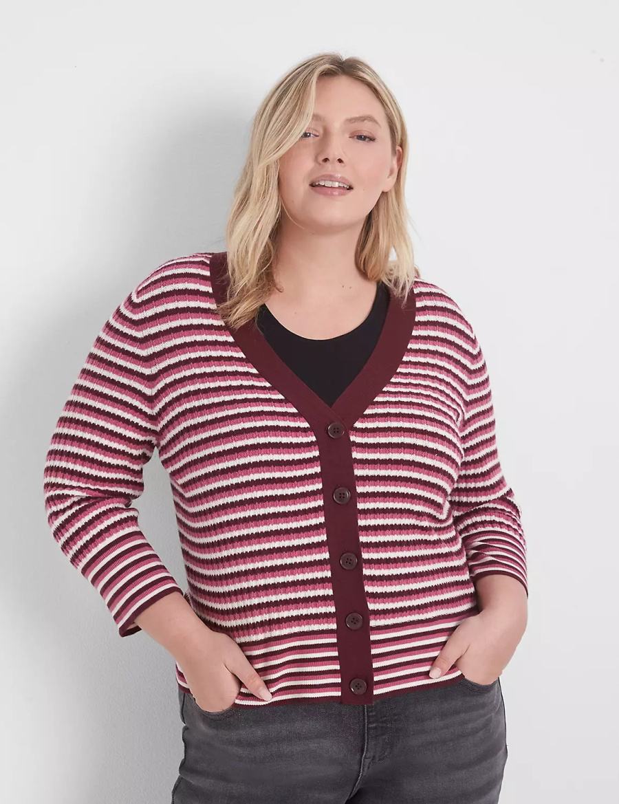 Lane Bryant Classic 3/4-Sleeve V-Neck Button-Front - Stripe Cardigan Dames Rood | SAX4476XR