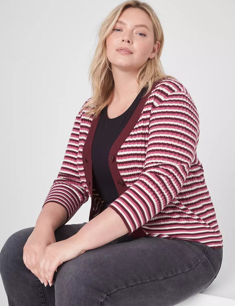 Lane Bryant Classic 3/4-Sleeve V-Neck Button-Front - Stripe Cardigan Dames Rood | SAX4476XR