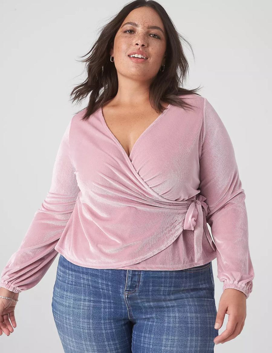 Lane Bryant Classic Blouson-Sleeve Surplice Tie Velour Top T-shirts Dames Paars | QQL167PW