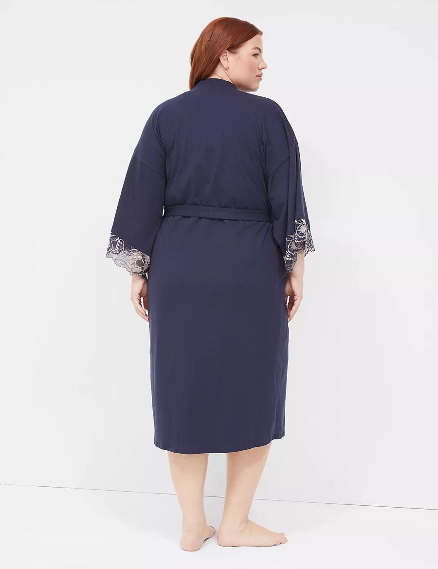 Lane Bryant Comfy Cotton Lace-Trim Midi Badjas Dames Blauw | BQG6386WR