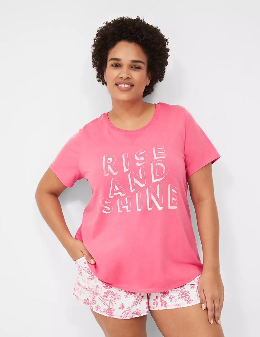 Lane Bryant Comfy Cotton Rib-Trim Tee & Short PJ Set Pyjama Dames Roze Wit | ZKO9536SS