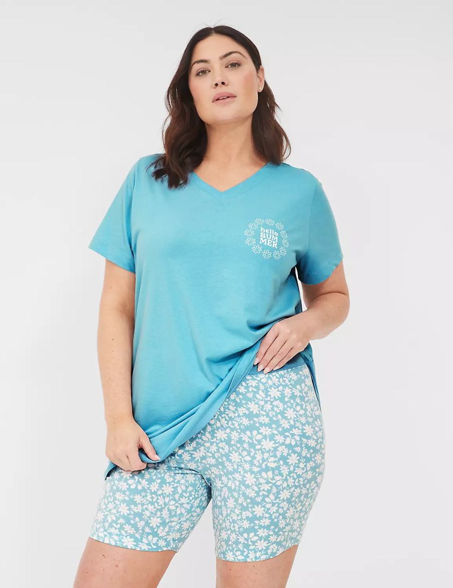 Lane Bryant Comfy Cotton Tee & Bike Short PJ Set Pyjama Dames Blauw Gekleurd | BBD216UV