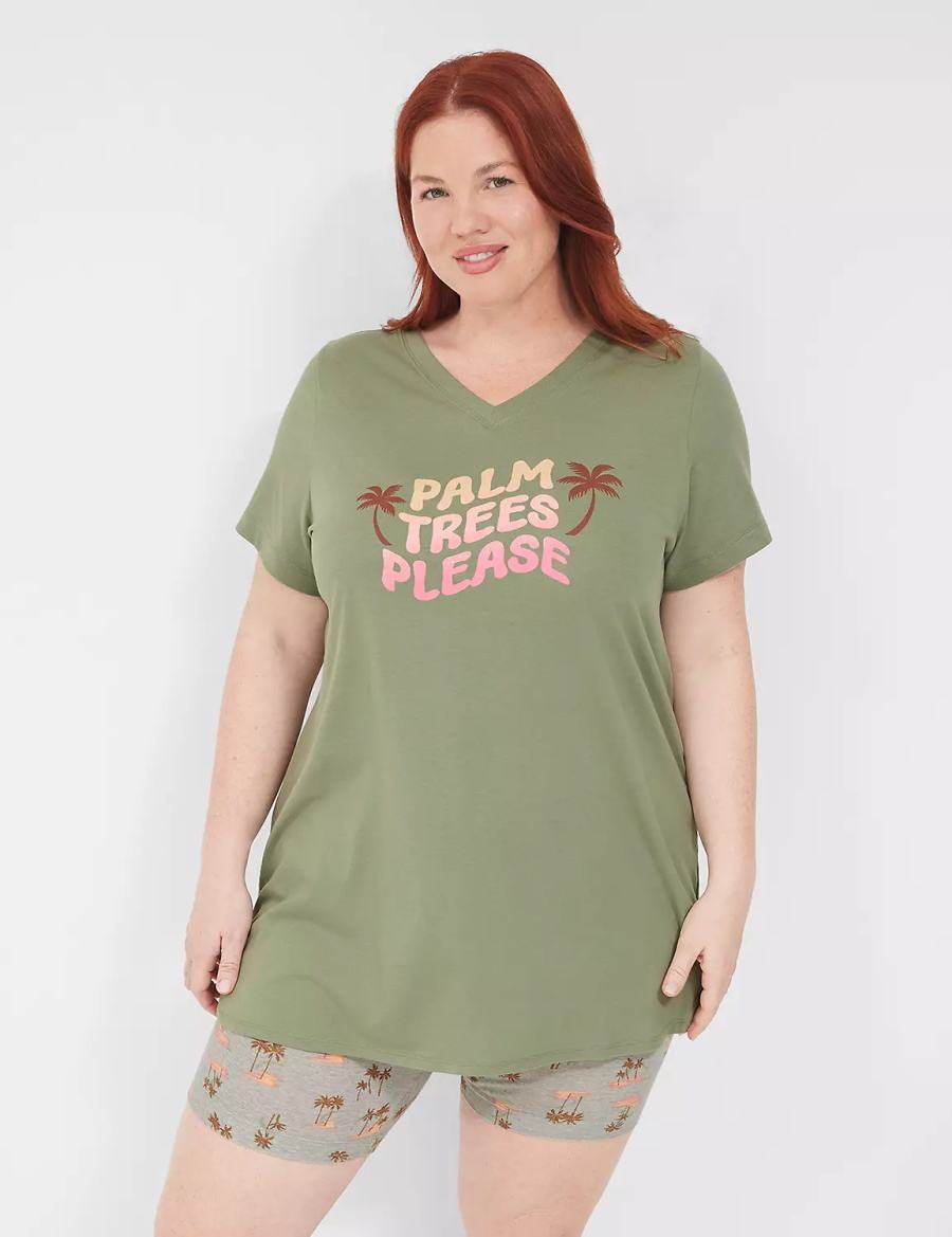 Lane Bryant Comfy Cotton Tunic Tee & Bike Short PJ Set Pyjama Dames Groen Gekleurd | OWI5119AO
