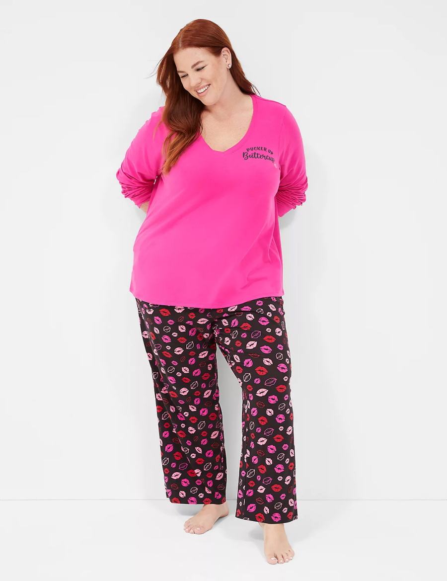 Lane Bryant Comfy Cotton V-Neck Tee & Block Pant PJ Set Pyjama Dames Paars Gekleurd | JNS5356QB