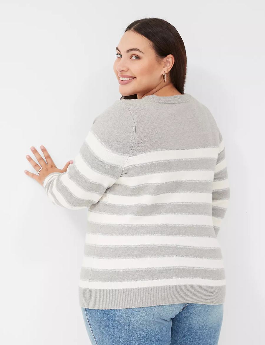 Lane Bryant Crew-Neck Button-Shoulder Striped Truien Dames Bruin | SAE628ZC