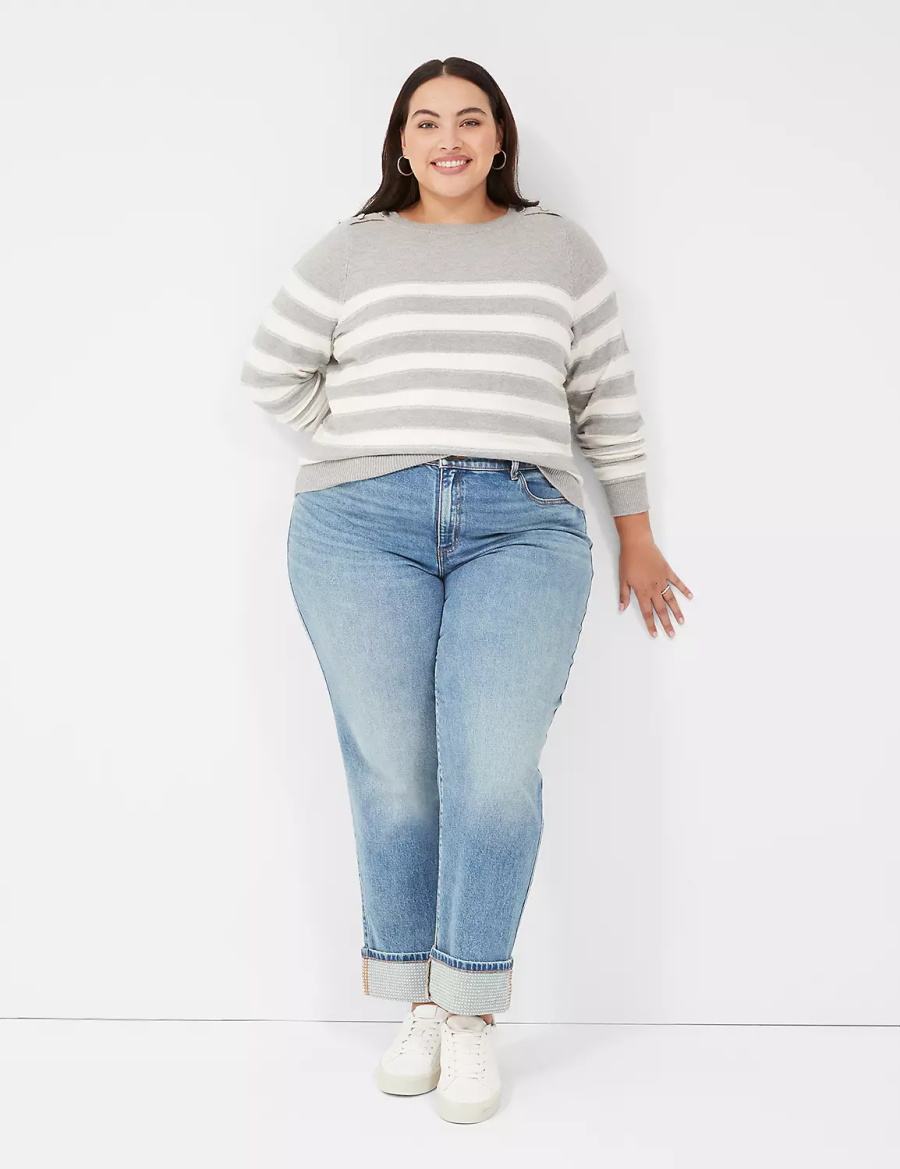 Lane Bryant Crew-Neck Button-Shoulder Striped Truien Dames Bruin | SAE628ZC