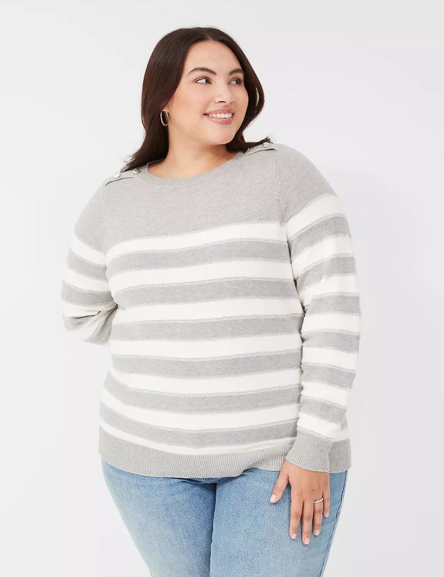 Lane Bryant Crew-Neck Button-Shoulder Striped Truien Dames Bruin | SAE628ZC