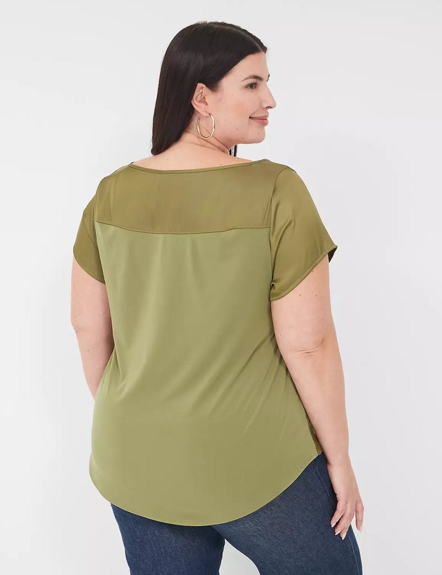 Lane Bryant Crew-Neck Satin & Knit Top T-shirts Dames Groen | HCV2512WT