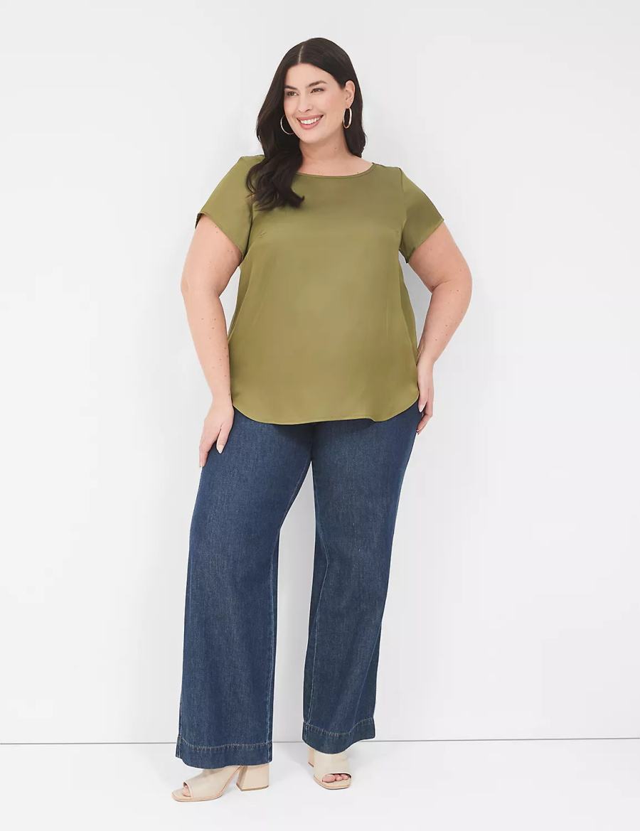 Lane Bryant Crew-Neck Satin & Knit Top T-shirts Dames Groen | HCV2512WT