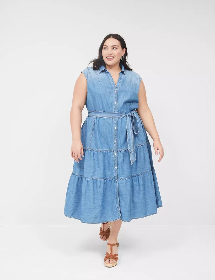 Lane Bryant Denim Tiered Midi-jurk Dames Blauw | QVB1861EY