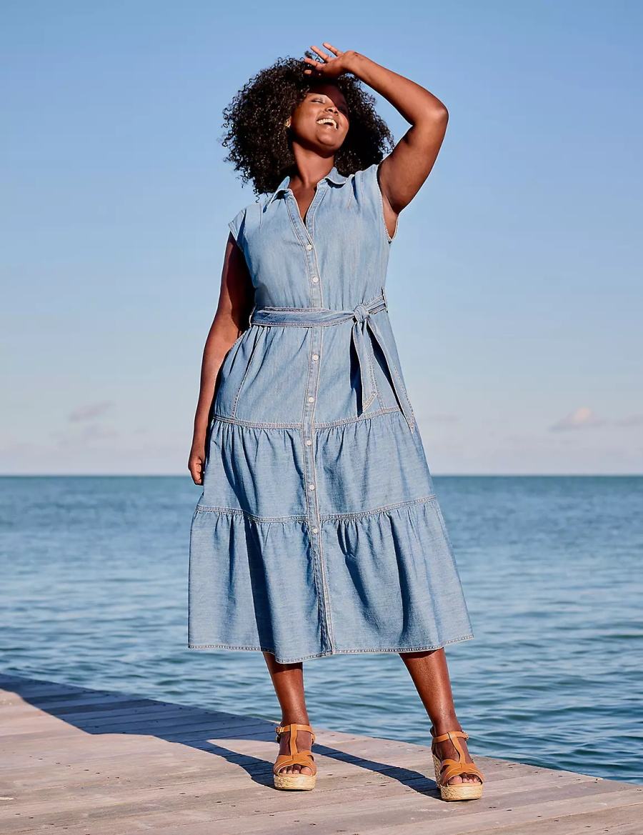 Lane Bryant Denim Tiered Midi-jurk Dames Blauw | QVB1861EY