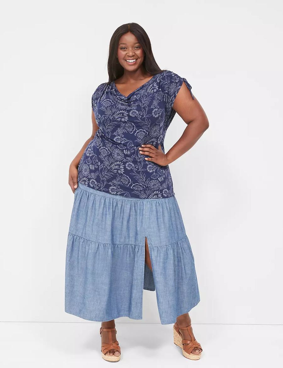 Lane Bryant Drawcord Cap-Sleeve Drape-Neck Top T-shirts Dames Donkerblauw | BJG327OS