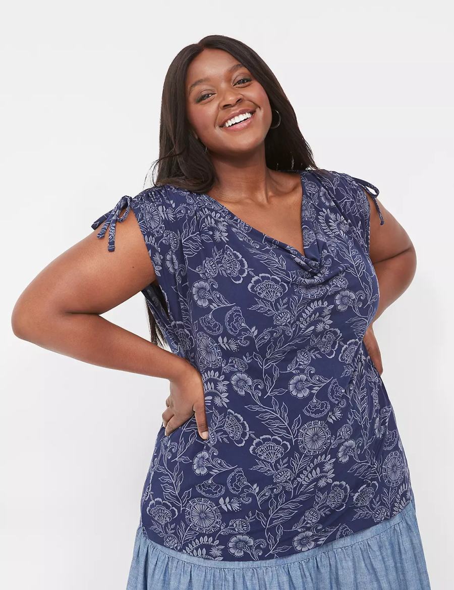Lane Bryant Drawcord Cap-Sleeve Drape-Neck Top T-shirts Dames Donkerblauw | BJG327OS