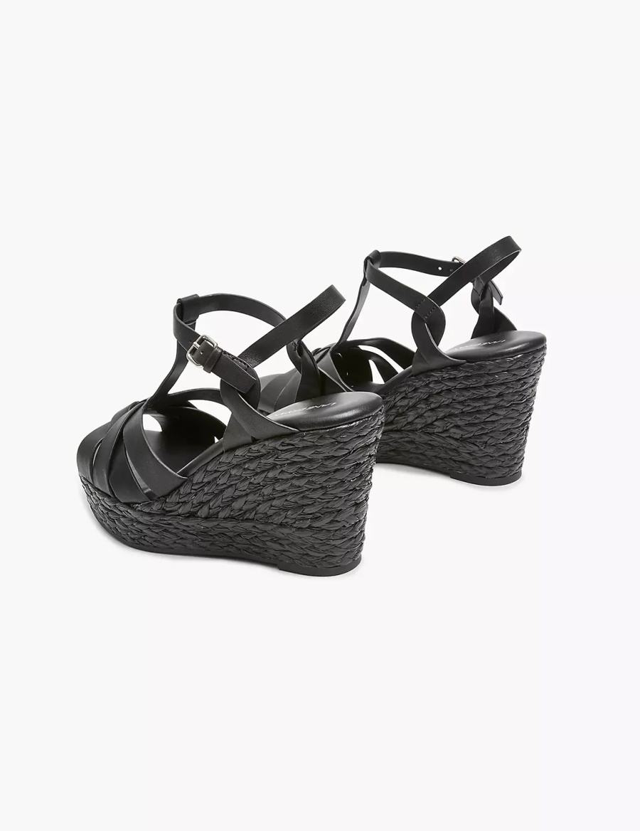 Lane Bryant Dream Cloud Faux-Leather T-Strap Espadrille Sleehak Sandalen Dames Zwart | YBE5872HU