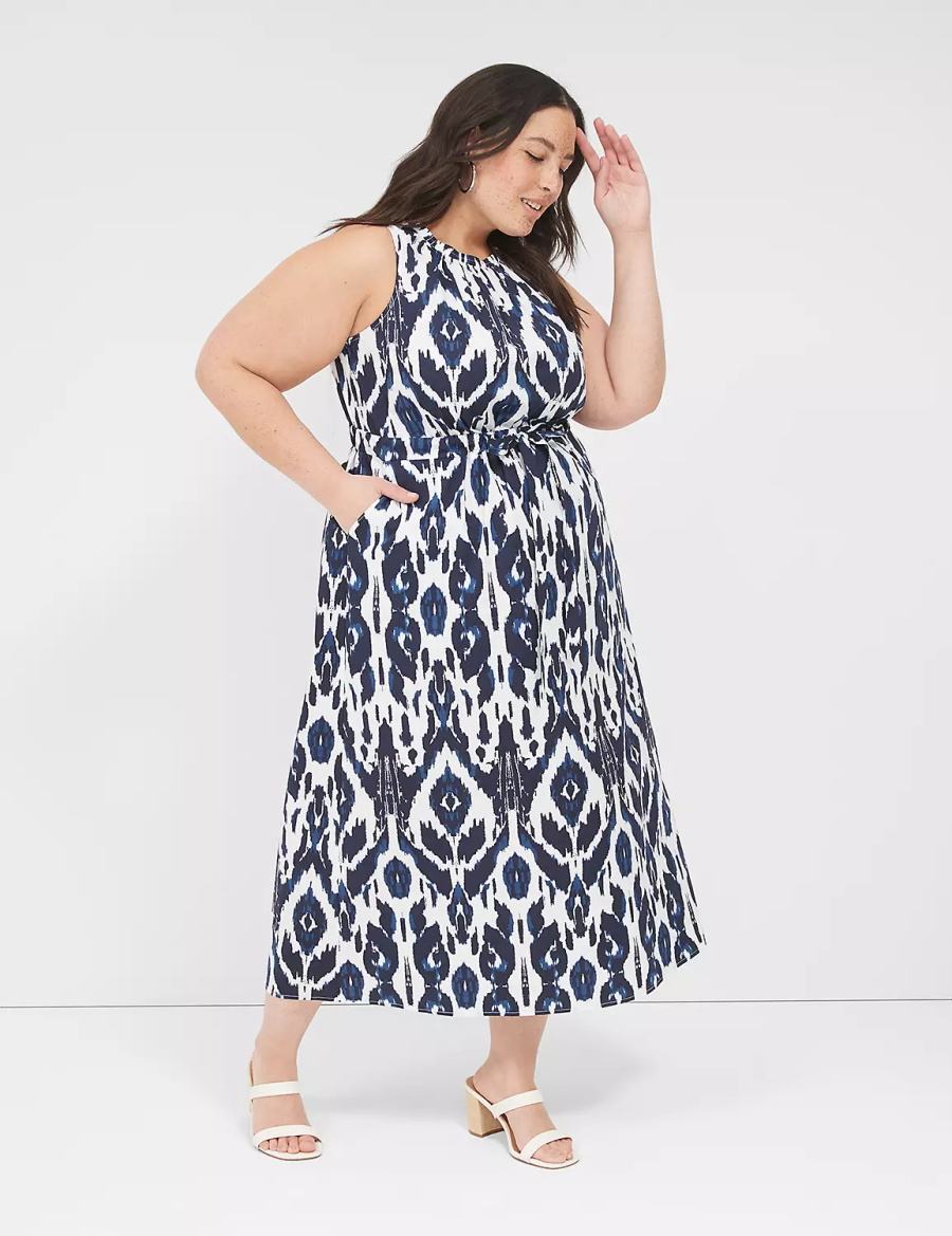 Lane Bryant Elastic-Neck Tie-Waist Midi-jurk Dames Donkerblauw | FYD2192KC