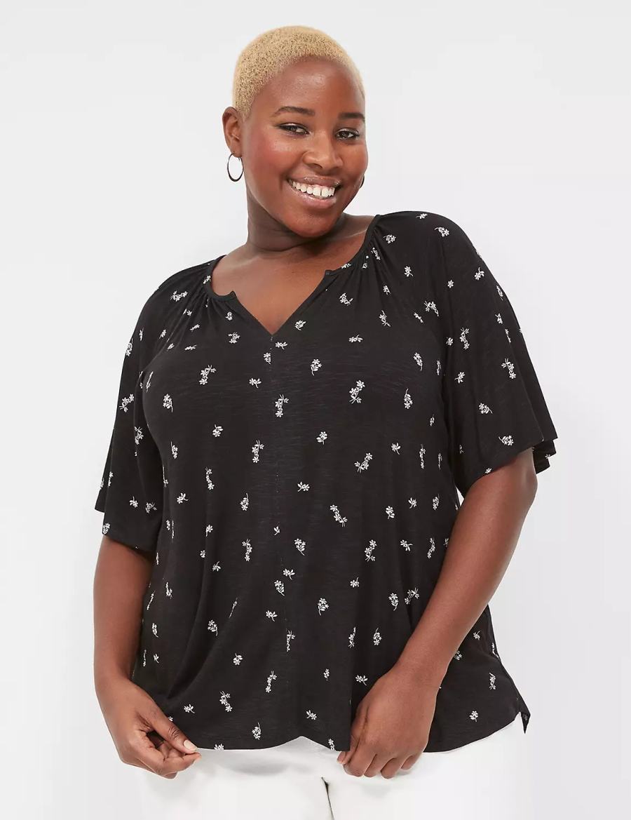Lane Bryant Elbow-Sleeve Notch-Neck Top T-shirts Dames Wit | HVF5047EK