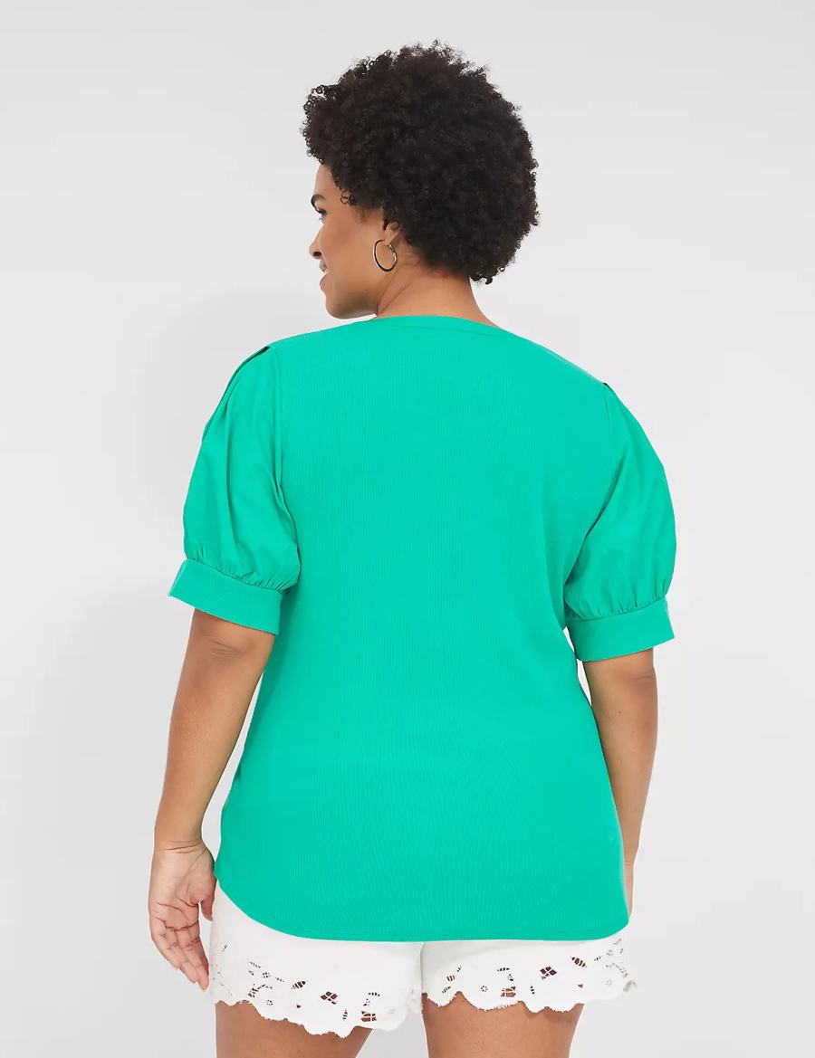 Lane Bryant Elbow-Sleeve Split-Neck Top T-shirts Dames Turquoise | FDQ3192AU