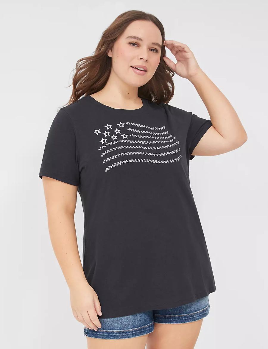 Lane Bryant Embroidered Flag Graphic Tee T-shirts Dames Zwart | PNK7924GS