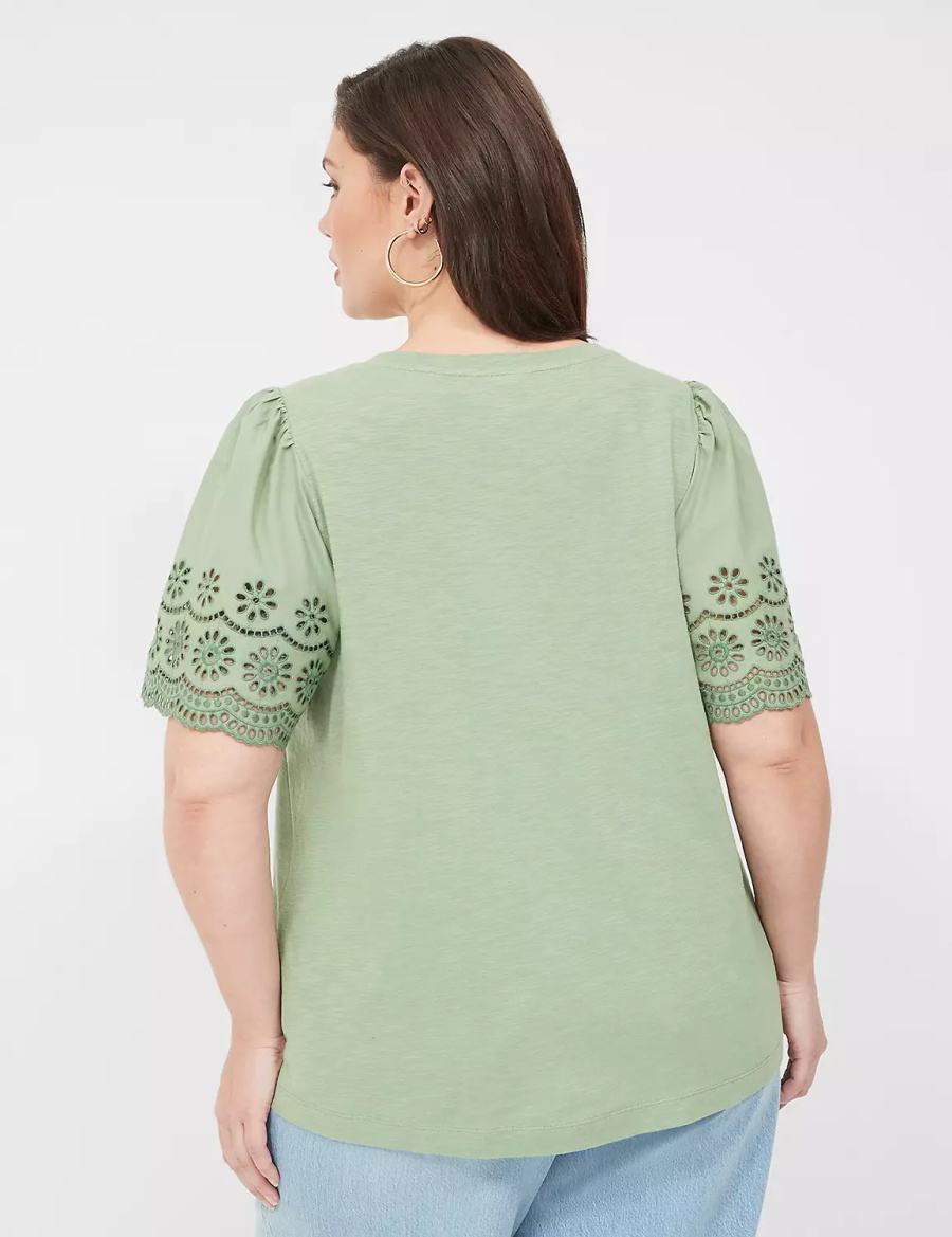 Lane Bryant Eyelet-Sleeve Crew-Neck Knit Tee Tanktop Dames Lichtgroen | RHF3960ND