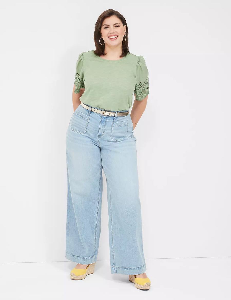 Lane Bryant Eyelet-Sleeve Crew-Neck Knit Tee Tanktop Dames Lichtgroen | RHF3960ND