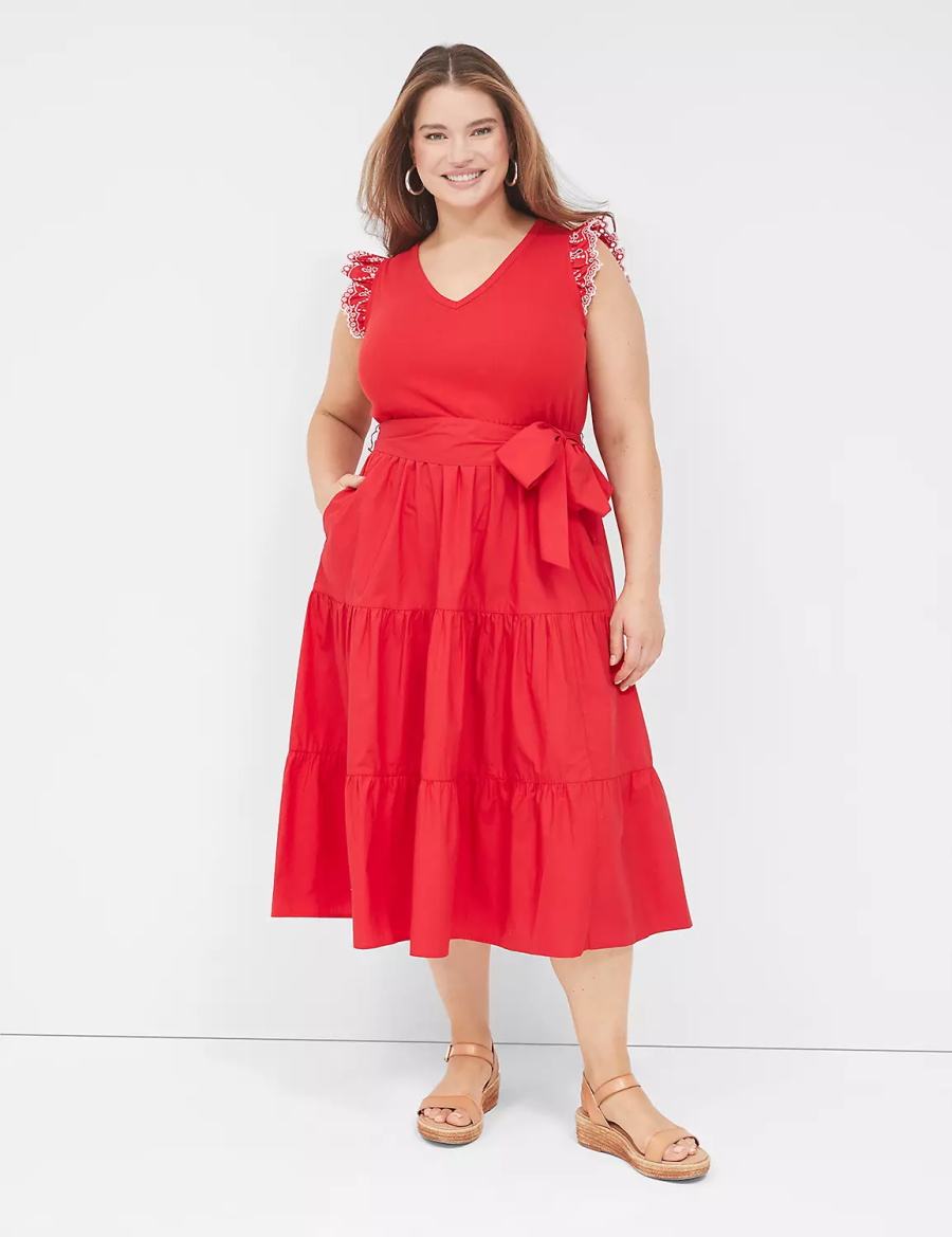 Lane Bryant Eyelet-Sleeveed Midi-jurk Dames Rood | FZN5581HA