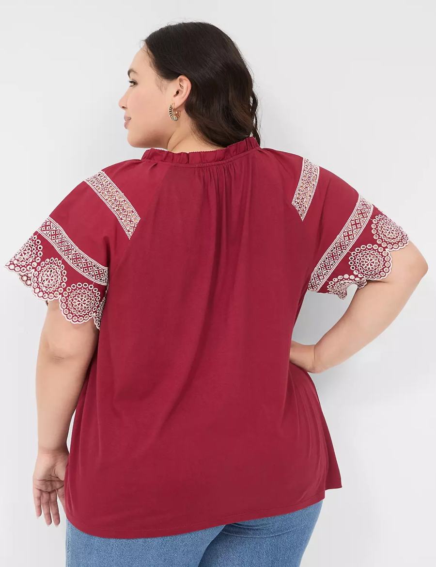 Lane Bryant Eyelet Short-Sleeve Knit Top T-shirts Dames Dieprood | ZXI593YQ