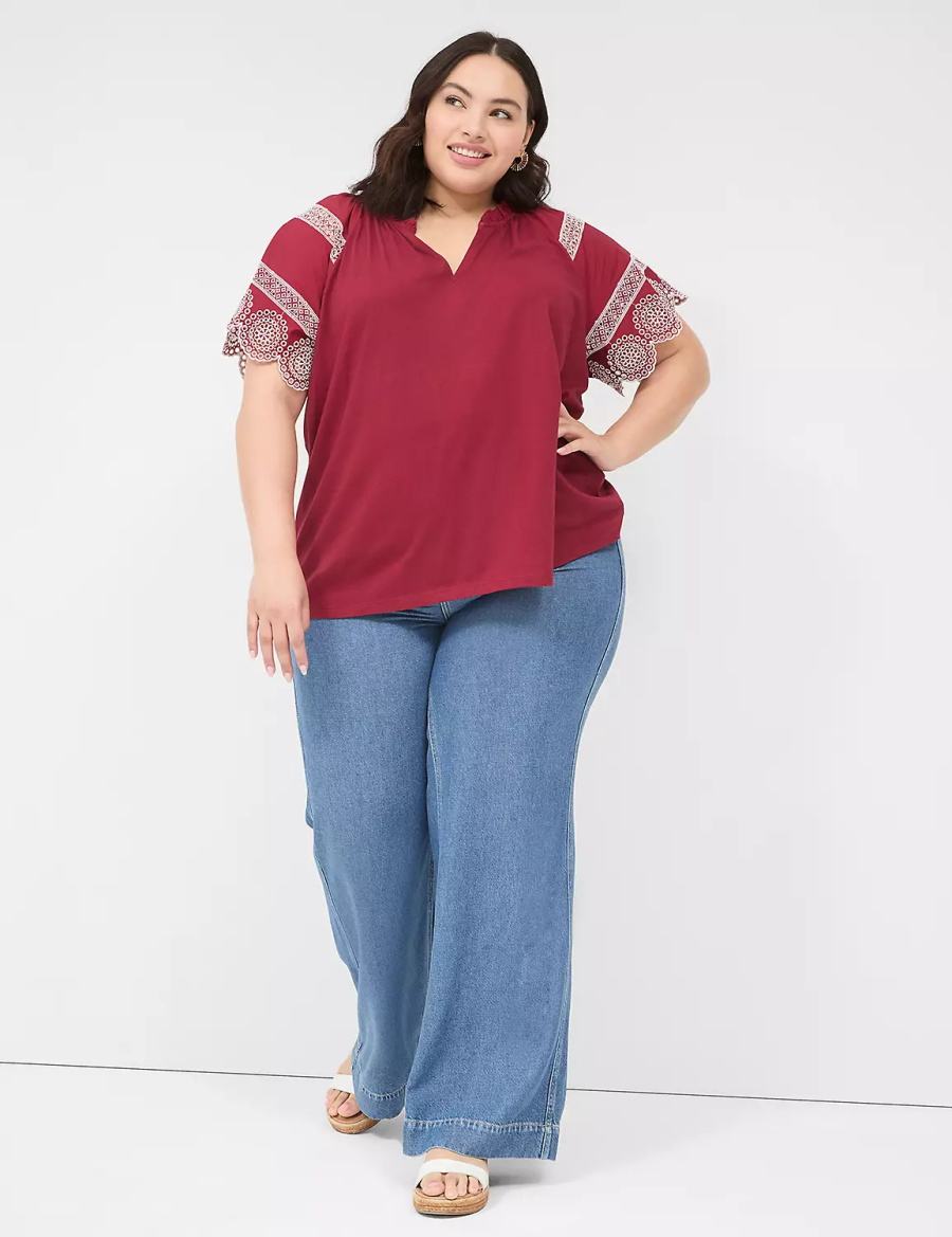 Lane Bryant Eyelet Short-Sleeve Knit Top T-shirts Dames Dieprood | ZXI593YQ