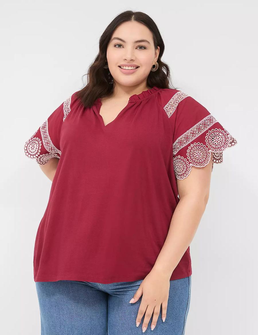 Lane Bryant Eyelet Short-Sleeve Knit Top T-shirts Dames Dieprood | ZXI593YQ