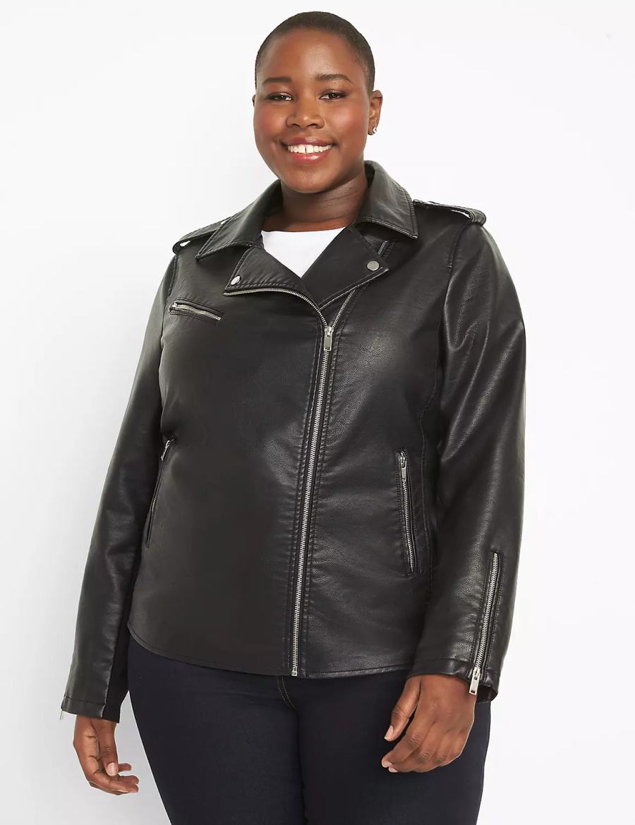 Lane Bryant Faux-Leather Moto Jassen Dames Zwart | UGE5159AH