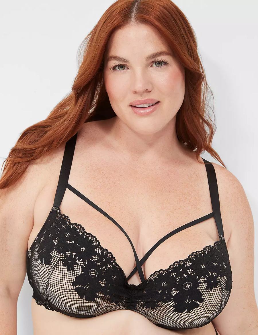 Lane Bryant Fishnet Lace Max Boost Plunge Bralettes Dames Zwart | JFD854OZ