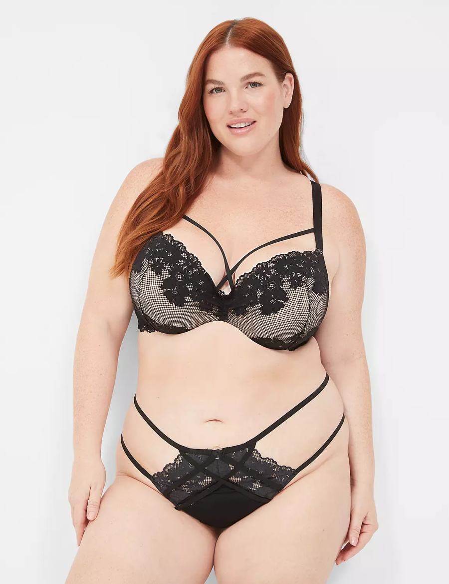 Lane Bryant Fishnet Lace Max Boost Plunge Bralettes Dames Zwart | JFD854OZ