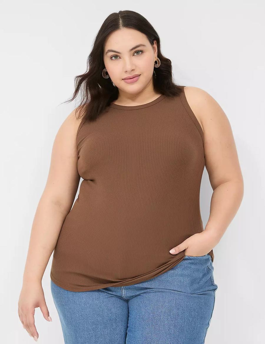 Lane Bryant Fitted High-Neck Rib Tanktop Dames Bruin | UOP5665VK