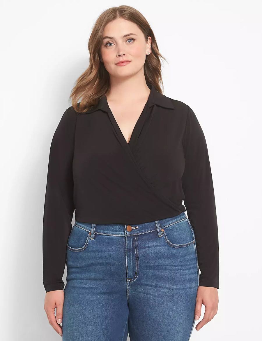Lane Bryant Fitted Long-Sleeve Surplice Collar Crop Overhemd Dames Zwart | OJF588IS