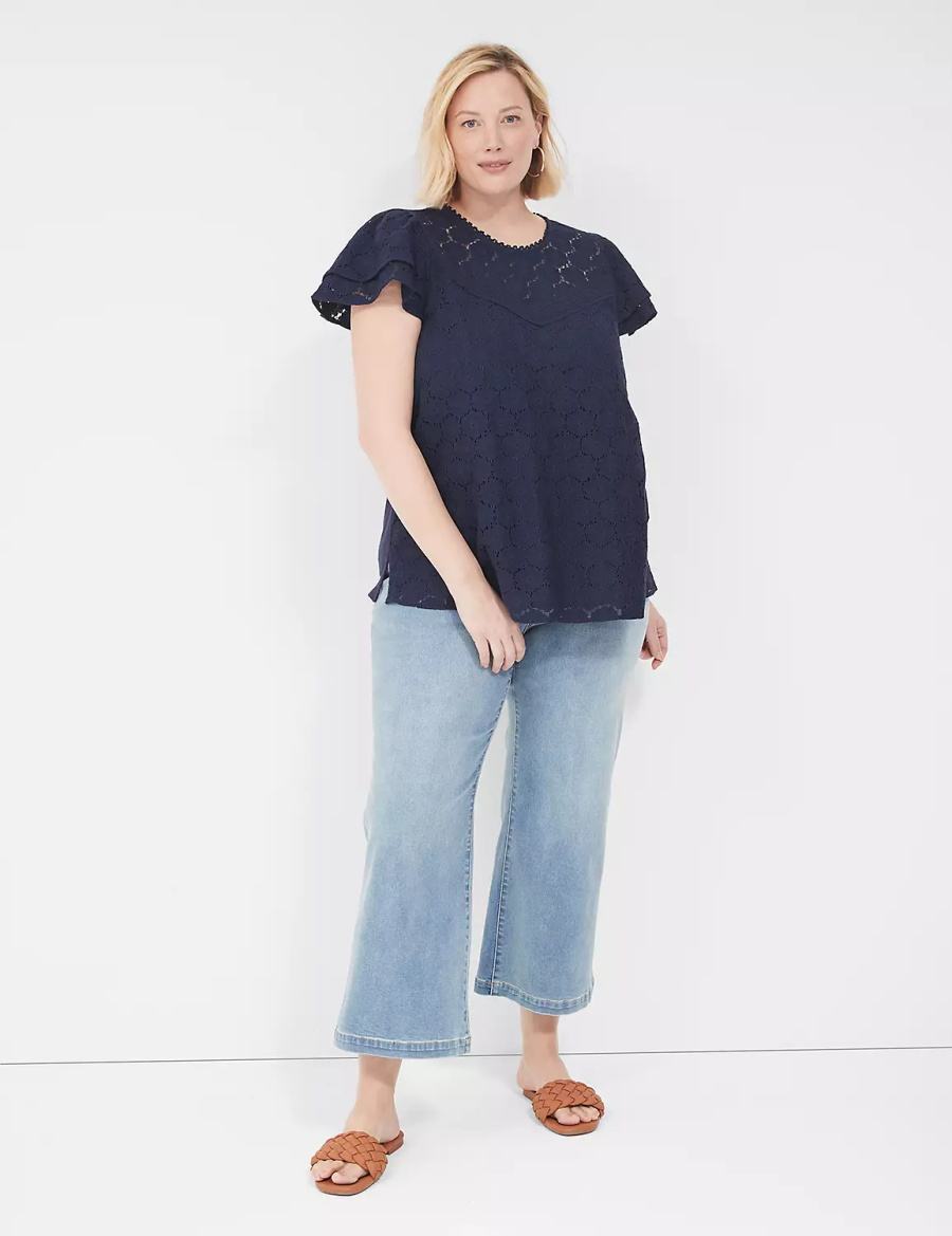 Lane Bryant Flutter-Sleeve Crew-Neck Blouse Dames Blauw | TJI5875WY